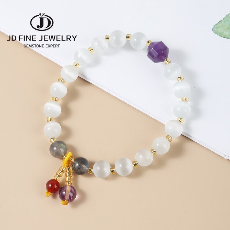 JD Cute Cat Eyes Amethysts Charm Lucky Bracelet Women Natural Opal Round Beads Stone Agate Bangles Handmade Jewelry Girl Gifts