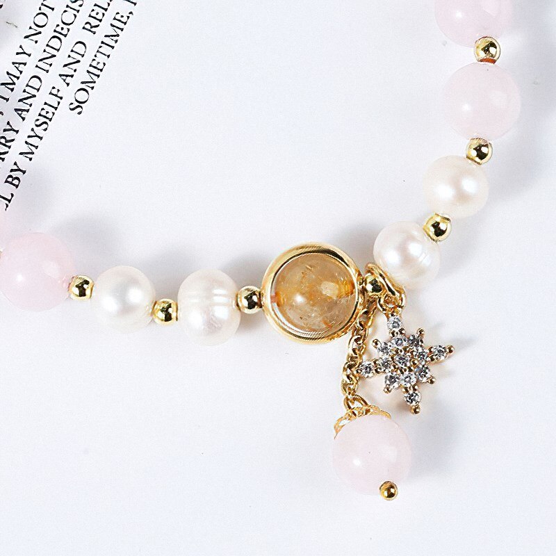 JD Natural Pink Quartz Pearl Lucky Beads Bracelet Women Sweet Luxury Zircon Pendant Bracelets Girlfriend Summer Jewelry Gifts