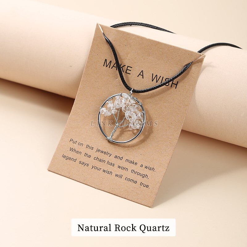 JD 7 Chakra Quartz Natural Gavel Stone Tree of Life Pendulum Pendant Necklace for Women Bohe Healing Crystal Reiki Jewelry Gift