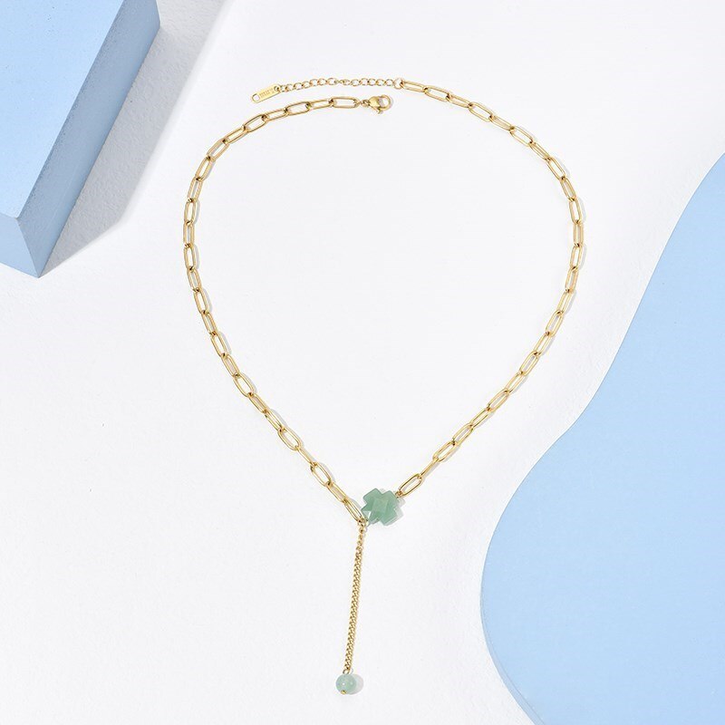 CHANGE BETTER Stainless Steel Natural Stone Bead Necklace Women Green Aventurine Gold Plated Choker Chain Necklace Trend Jewelry