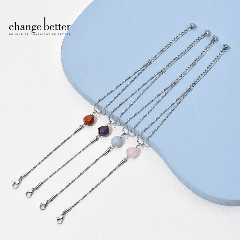 Change Better Natural Stone Faceted Rose Quartz Bead Chain Bracelet Women Fashion Silver Color Stainless Steel Simple Bangles