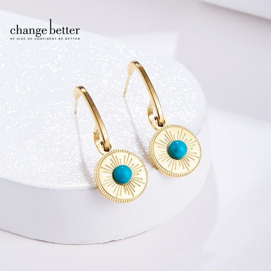 Change Better Natural Green Turquoise Inlay Round Earring Women Bohe Gold Color Titanium Steel Sunshine Drop Ear Studs Jewelry