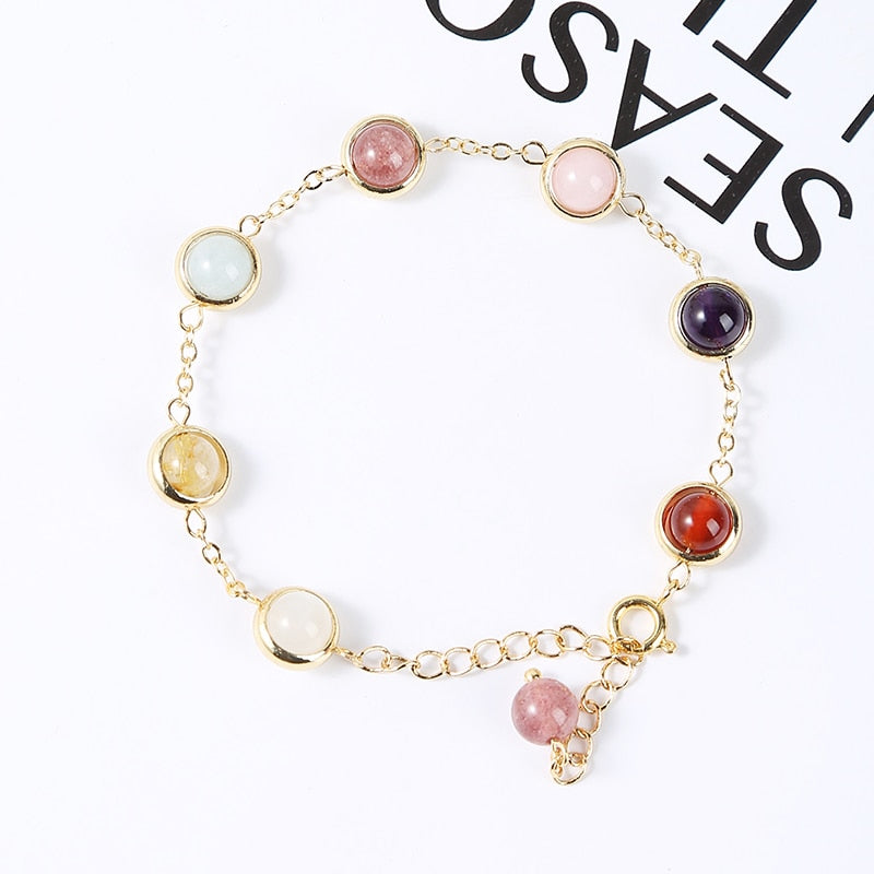 JD Natural Crystal Bead Chain Bracelets Women Elegant 6mm Round Colorful Bead Strawberry Quartz Amethyst Sweet Healing Bangles