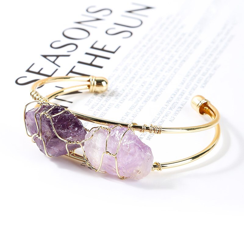 JD Natural Stone Amethysts Pink Quartz Bangles Women Bohemia Rough Ore Mineral Cuff Copper Bracelet Gold Color Wire Wrap Jewelry