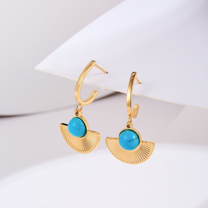 Change Better Stainless Steel Turquoise Earring Women Trendy Natural Stone Personalized Gold Color Fan-shaped Jewelry Gifts