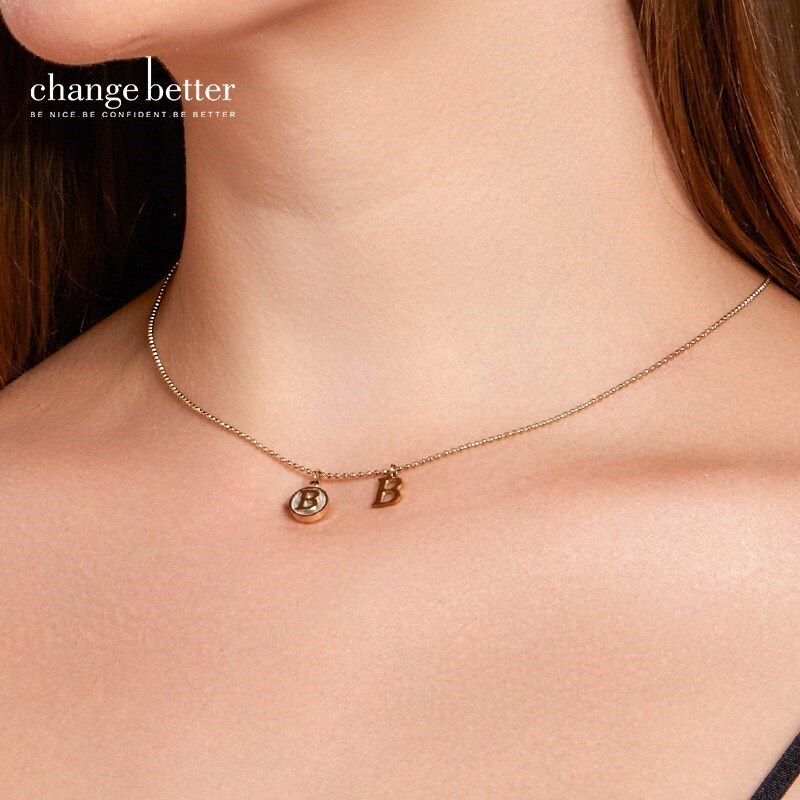 CHANGE BETTER Natural Shell Inital Necklace Women Mother Of Pearl Letter B Pendant Gold Color Titanium Chain Link Choker Jewelry