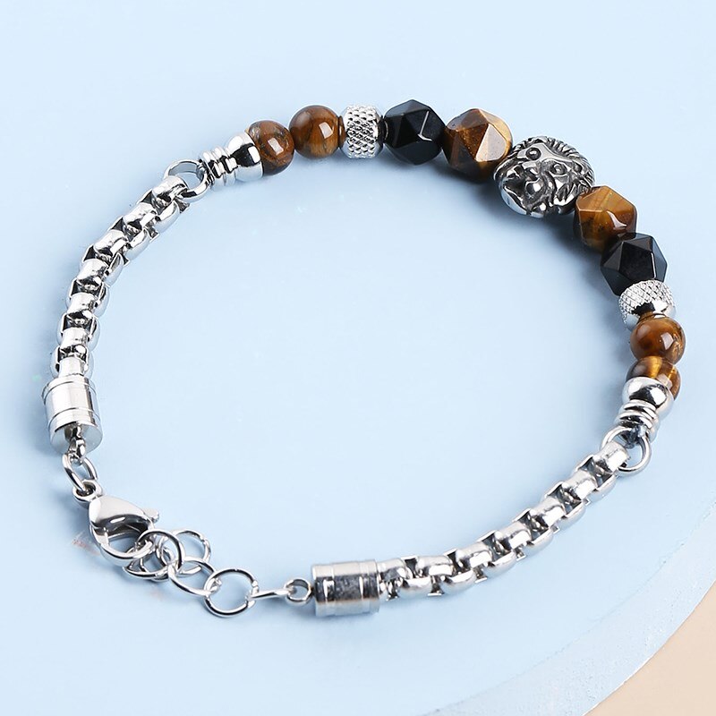 CHANGE BETTER Lion Head Charm Stainless Steel Bracelets Faceted Natural Tiger Eyes Stone Men Punk Style Wristband Pulseira