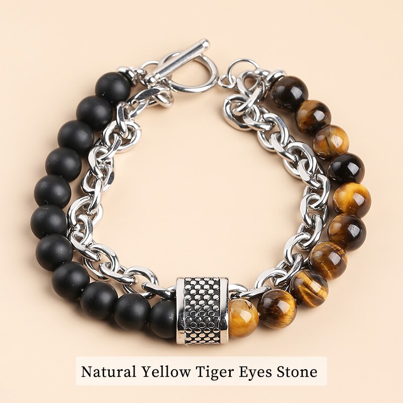 CHANGE BETTER Natural Tiger Eye Men's Beaded Bracelets Classic Stainless Steel Alloy Chain Health Energy Weight Loose Bangles