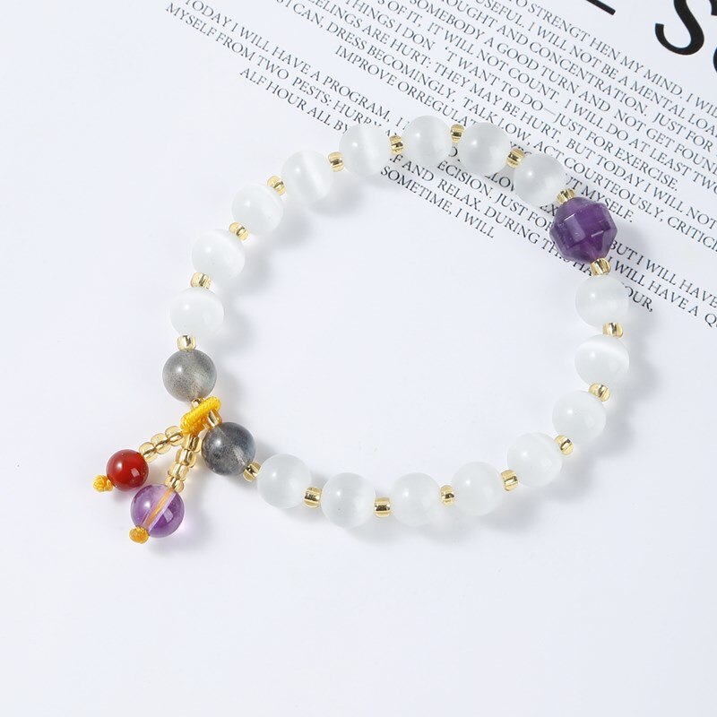 JD Cute Cat Eyes Amethysts Charm Lucky Bracelet Women Natural Opal Round Beads Stone Agate Bangles Handmade Jewelry Girl Gifts