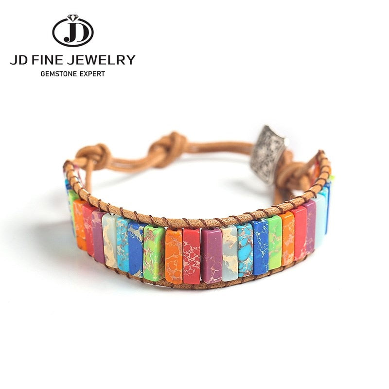 JD Handmade 7 Chakra Natural Tube Beads Emperor Stone Bracelet Leather Wrap Pierre Nature Bangle for Women Men Jewelry Bracelet