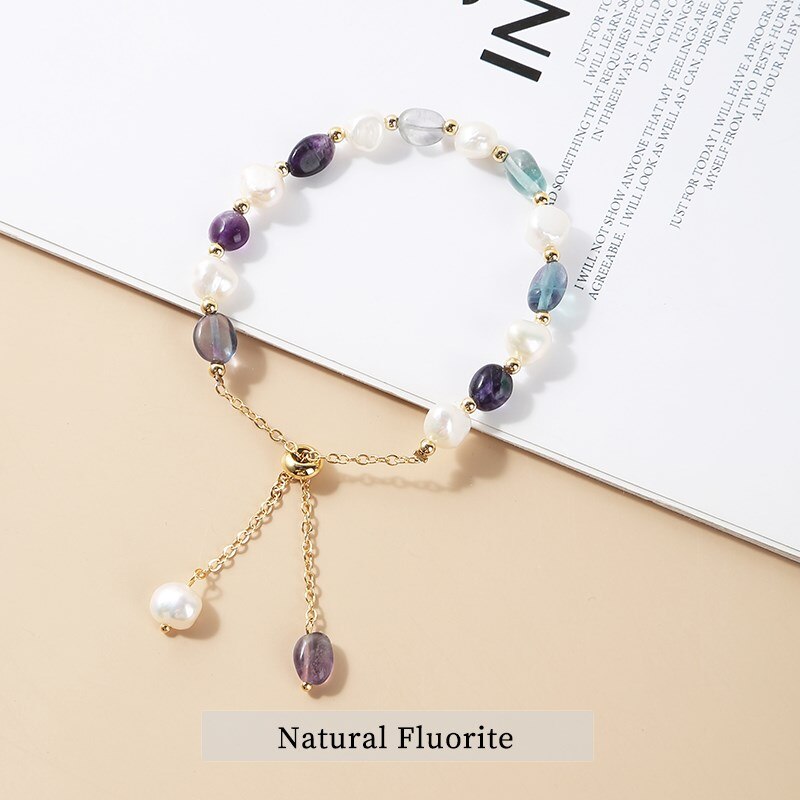 JD Irregular Natural Amethysts Pearl Pendant Bracelet Women Sweet Green Aventurine Gold Color Adjustable Charm Bangles Jewelry