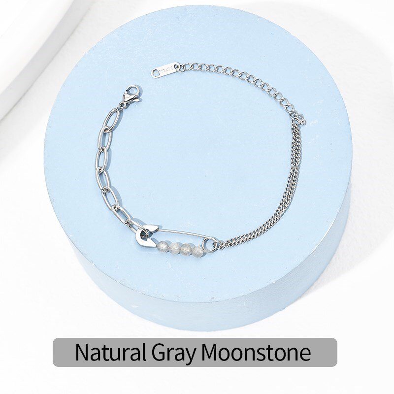 Change Better Natural Small Agate Moonstone Beaded Paper Clip Chain Bracelets Women Titanium Steel Tiny Bangles Personality Gift