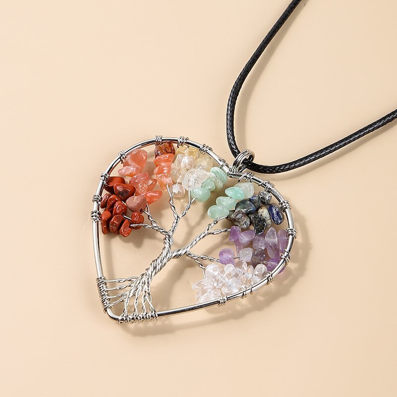 Change Better 7 Chakras Wisdom Tree Of Life Pendant Necklace Women Natural Crystal Chip Beads Wrap Heart Energy Jewelry Gifts