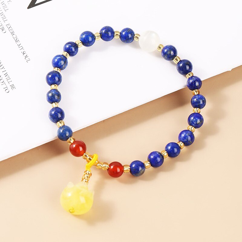 JD Natural Lapis Lazuli Amber Charm Bracelet Women 6mm Round Beads Stones Strand Wristhand Bangle Female Jewelry Gifts