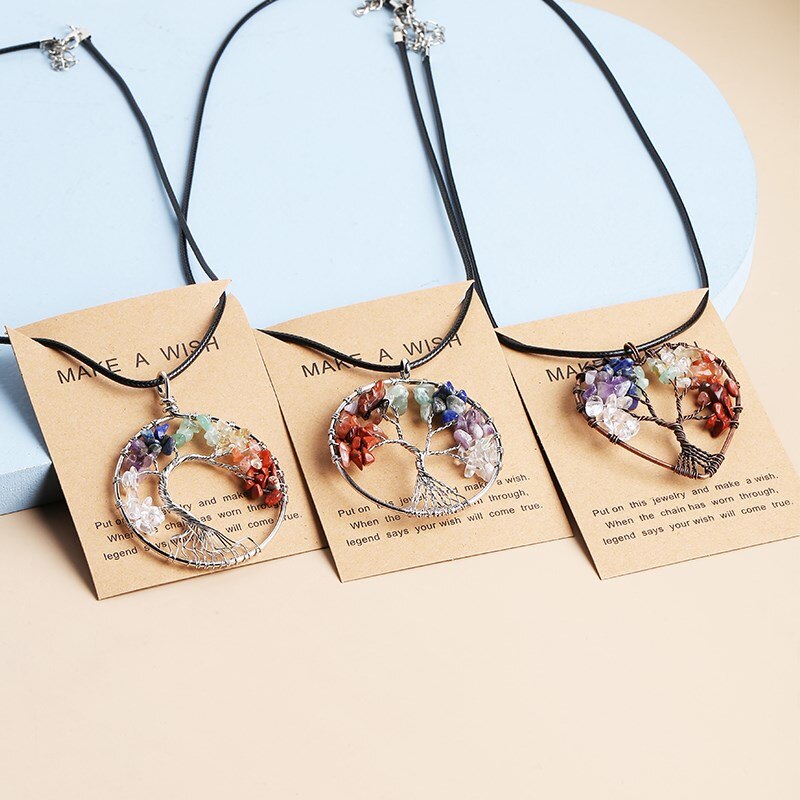 JD Natural Quartz Stone Tree of Life Pendulum Pendant Necklace Women Multicolor Seven Chakras Rope Crystal Reiki Healing Jewelry