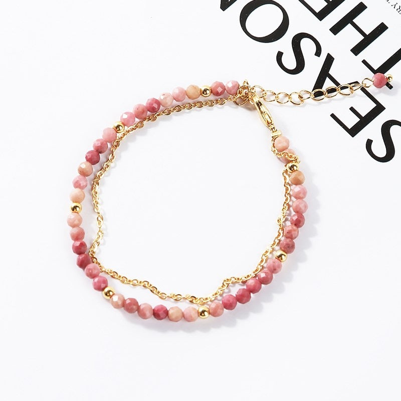 JD 3mm Natural Faceted Rhodochrosite Agate Double Layer Bracelet Women Gold Color Chain Semi-Precious Jewelry Thin Bangles Gifts