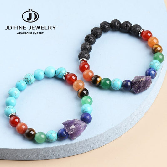 JD Amethyst Rough 7 Chakra Natural Beads Stone Reiki Healing Bracelet Man Women Lava Turquoise Combined Bangles Yoga Jewelry