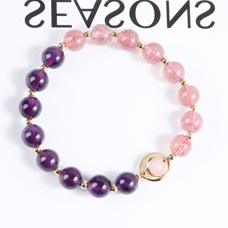 JD Natural Amethysts Strawberry Quartz Women Bracelets Gold Color Round Beads Crystal Bangles Female Fashion Jewelry Gifts