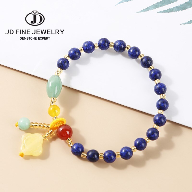 JD Natural Lapis Lazuli Amber Beaded Bracelet For Women Trendy Four-Leaf Clover Pendant Stone Tassel Bangles Girl Summer Jewelry