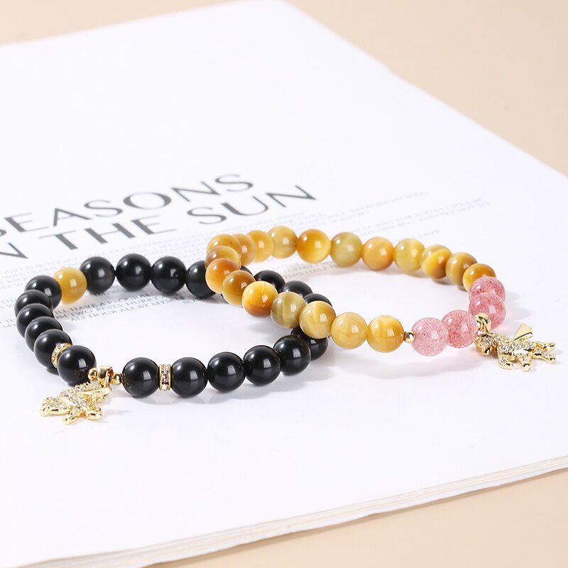 JD Natural Stone Strawberry Crystal Unicorn Pendant Bracelets Women Lovely Black Obsidian Elastic Wristband Jewelry Girls Gifts