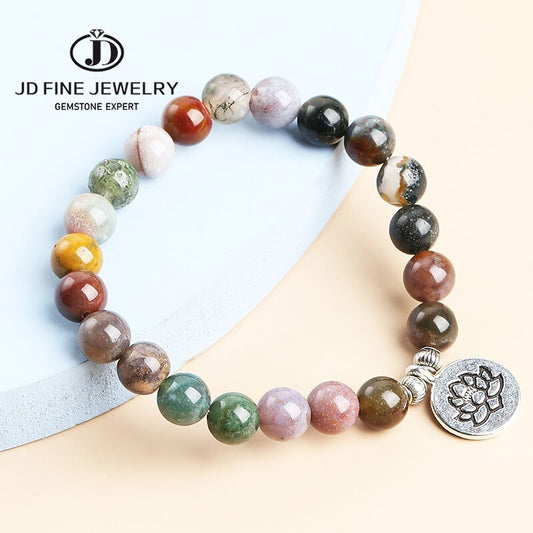 JD Natural Indian Agate Lotus Buddha Charm Bracelet Women Men Yoga Meditation Chakars Energy Strand Bangles Reiki Healing Gifts