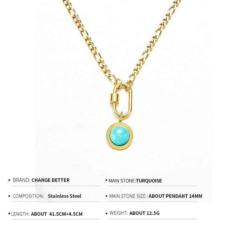 CHANGE BETTER Natural Turquoise Round Bead Pendant Choker Women Gold Color Stainless Steel Chain Stone Necklace Female Jewelry