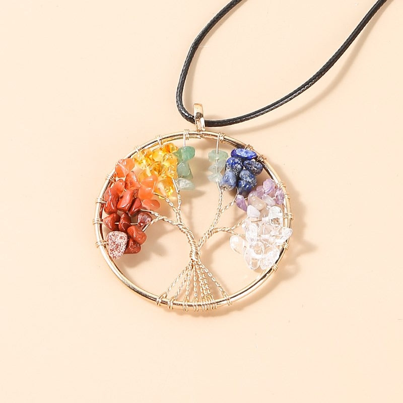 Change Better 7 Chakras Tree Of Life Pendant Necklace Gold Color Wisdom Natural Crystal Chip Beads Handmade Rope Jewelry Gift