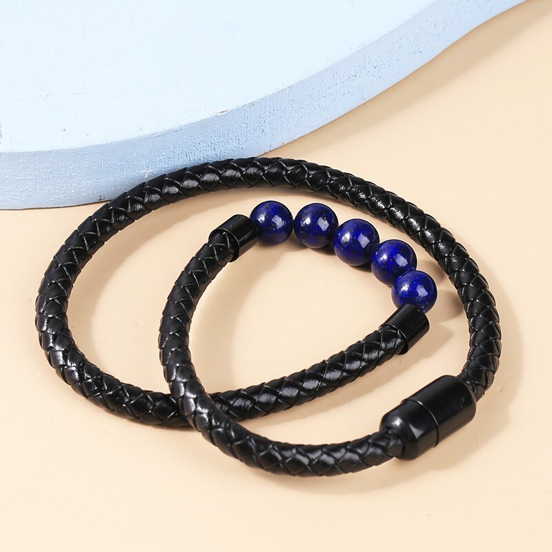 Change Better Layered Leather Bracelets For Men Braided Black Leather Bangles With Natural Lapis Lazuli Beads Casual Wristband