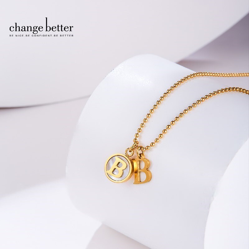 CHANGE BETTER Natural Shell Inital Necklace Women Mother Of Pearl Letter B Pendant Gold Color Titanium Chain Link Choker Jewelry