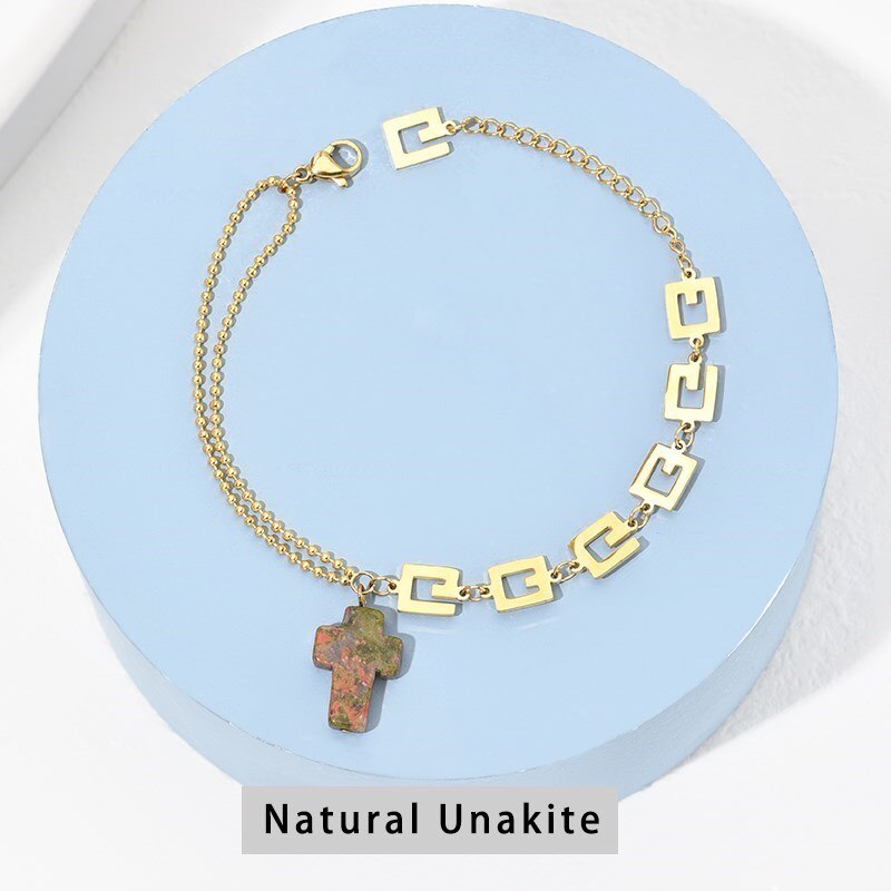 CHANGE BETTER Natural Stone Cross Shape Gold Color Bracelets For Women Small Pendant Charms Stainless Steel Chain Wrist Jewelry