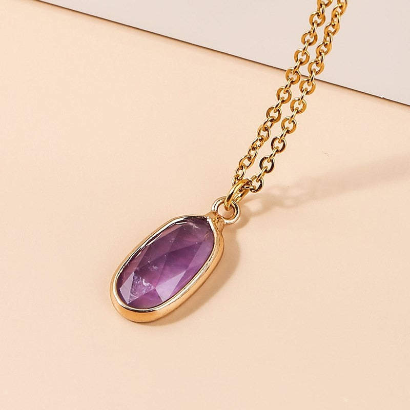 JD Natural Stone Pink Quartz Tiny Pendant Necklace Faceted Oval Shape Amethysts Stainless Steel Charm Healing Choker Girls Gift