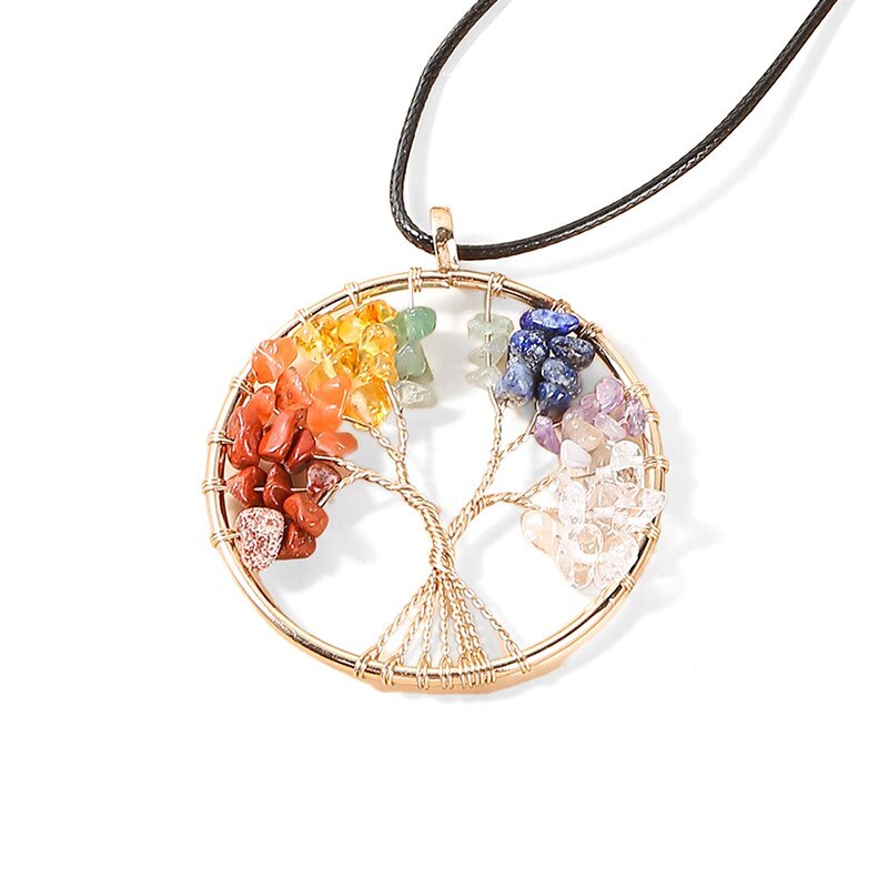 Change Better 7 Chakras Tree Of Life Pendant Necklace Gold Color Wisdom Natural Crystal Chip Beads Handmade Rope Jewelry Gift