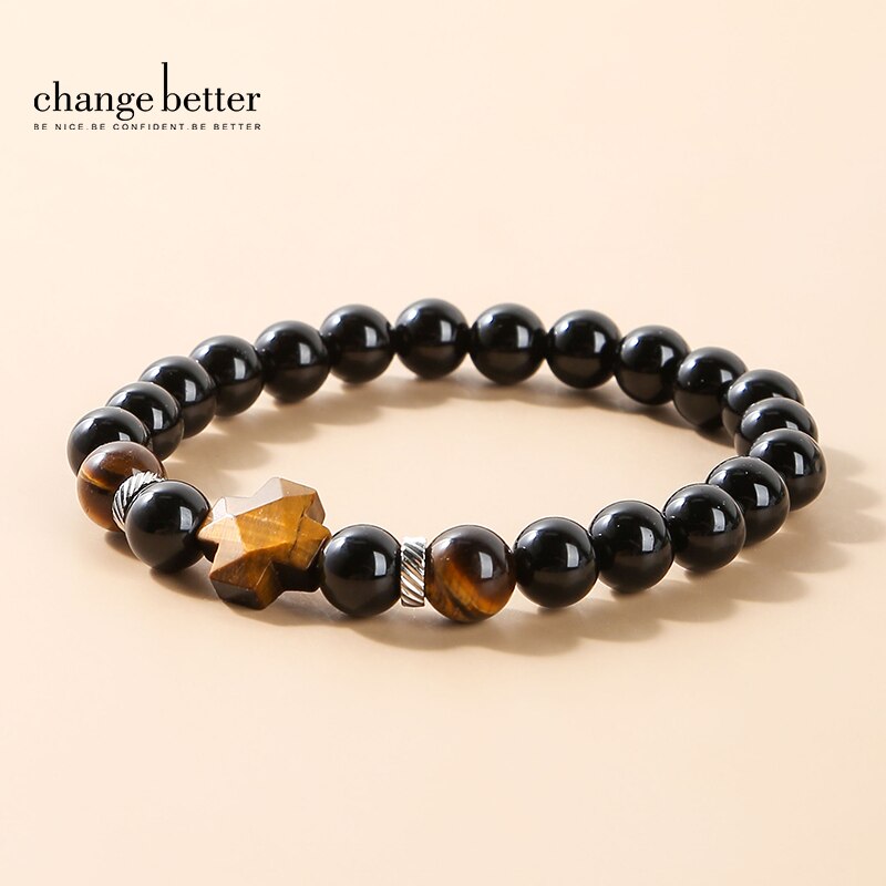 Change Better 8MM Natural Tiger Eye Faceted Stone Cross Bracelets Onyx Meditation Prayer Beaded Bracelet Women Men Yoga Wrist