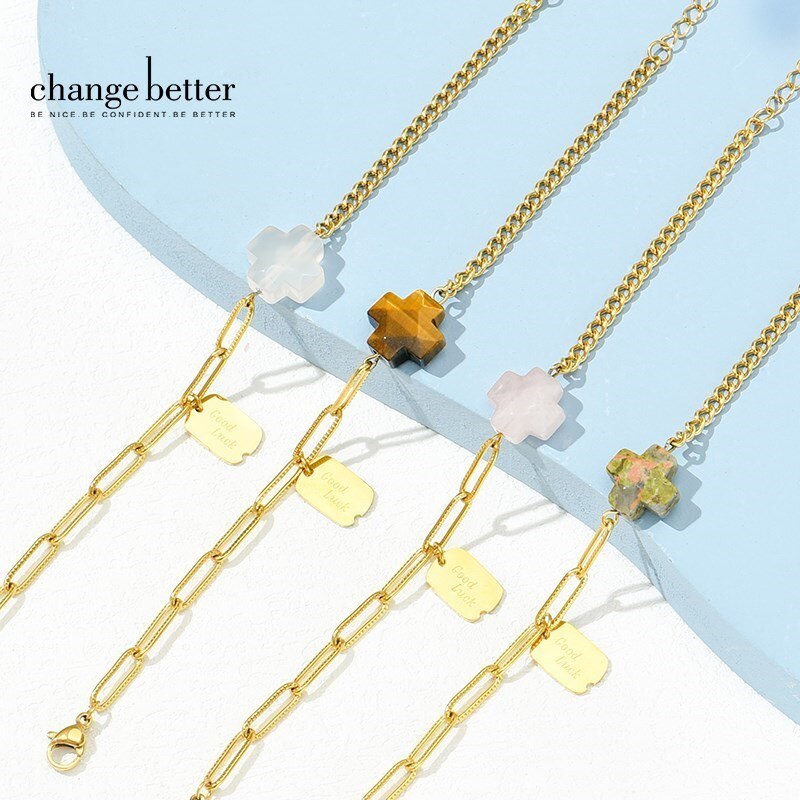 Change Better Natural Faceted Yellow Tiger Eye Cross Stone Metal Pendant Bracelet Women Gold Color Stainless Steel Chain Bangles