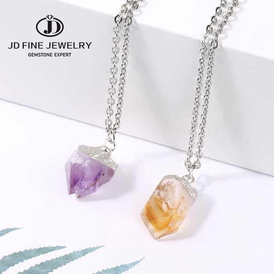 JD Initial Stone Pendant Genuine Crystal Rough Stone Citrine Amethyst Edged DIY Charm Stone Necklace Assorted Color to Choose