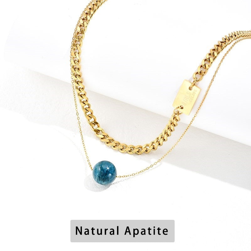 CHANGE BETTER Simple Natural Agate Bead Pendant Necklace For Women Hip Hop Gold Color Stainless Steel Double Chain Choker