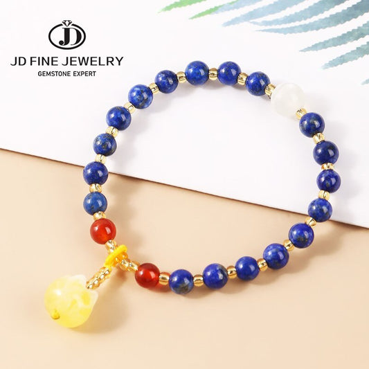 JD Natural Lapis Lazuli Amber Charm Bracelet Women 6mm Round Beads Stones Strand Wristhand Bangle Female Jewelry Gifts