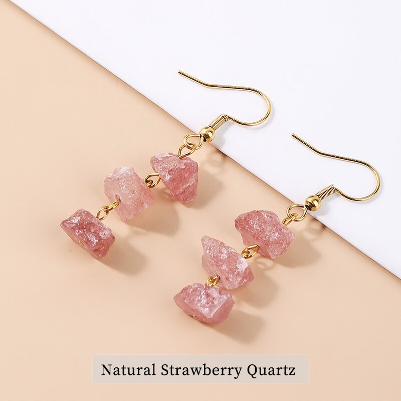 Change Better Natural Raw Stone Pink Quartz Amethyst Dangle Earring Women Rough Citrines Charm Necklace Girls Chain Jewelry Set