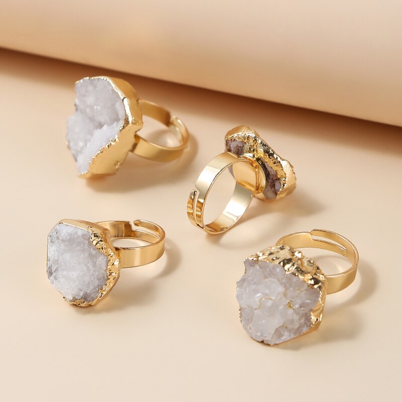 Change Better Irregular Natural White Quartz Cluster Gold Plating Rings Women Geometric Crystal Stone Adjustable Finger Ring