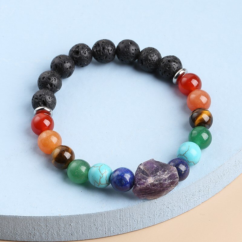 JD Amethyst Rough 7 Chakra Natural Beads Stone Reiki Healing Bracelet Man Women Lava Turquoise Combined Bangles Yoga Jewelry