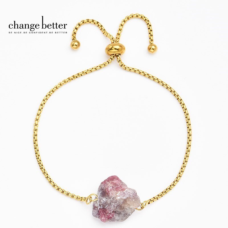 CHANGE BETTER Natural Rough Tourmaline Mineral Precious Chain Bracelets Women Stainless Steel Healing Stone Adjustable Bangles