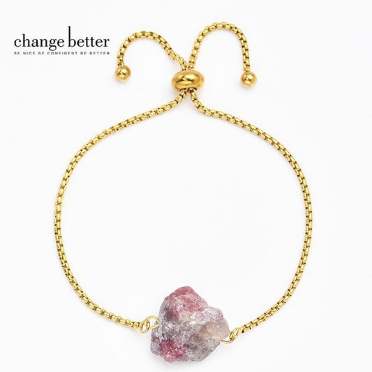 CHANGE BETTER Natural Rough Tourmaline Mineral Precious Chain Bracelets Women Stainless Steel Healing Stone Adjustable Bangles