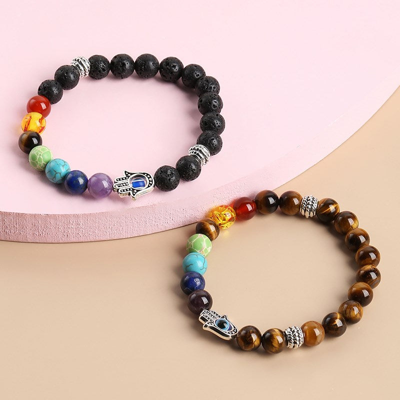 JD Natural Black Lava Stone 7 Chakra Beads Yoga Bracelet Men Women Prayer Fatima Hamsa Hand Charm Tiger Eye Bangles Lucky Gifts