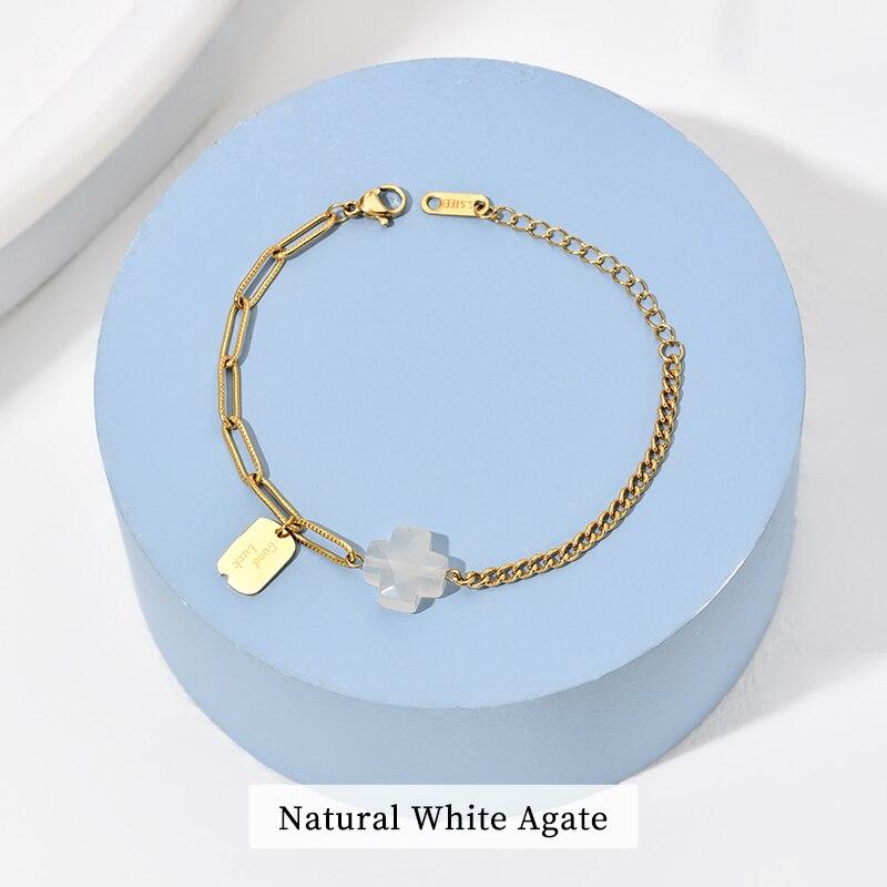 Change Better Natural Faceted Yellow Tiger Eye Cross Stone Metal Pendant Bracelet Women Gold Color Stainless Steel Chain Bangles