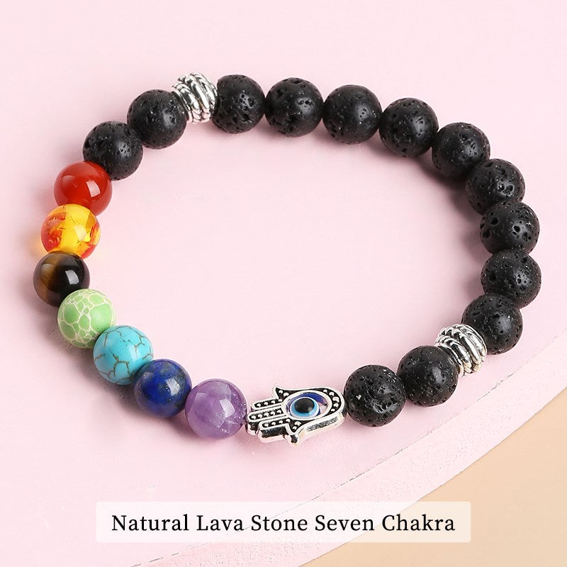 JD Natural Black Lava Stone 7 Chakra Beads Yoga Bracelet Men Women Prayer Fatima Hamsa Hand Charm Tiger Eye Bangles Lucky Gifts