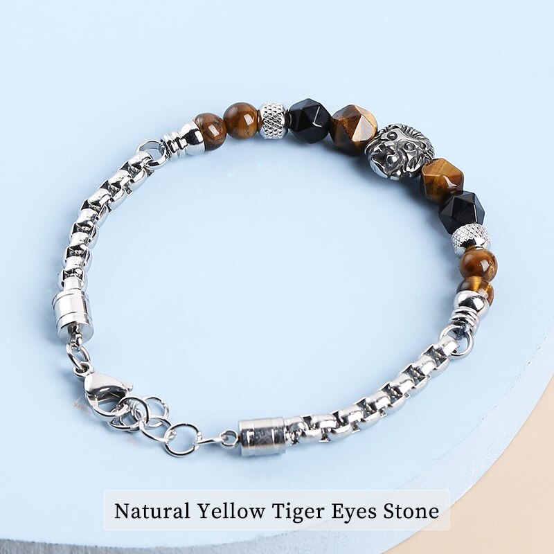 CHANGE BETTER Lion Head Charm Stainless Steel Bracelets Faceted Natural Tiger Eyes Stone Men Punk Style Wristband Pulseira