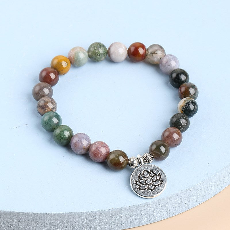 JD Natural Indian Agate Lotus Buddha Charm Bracelet Women Men Yoga Meditation Chakars Energy Strand Bangles Reiki Healing Gifts