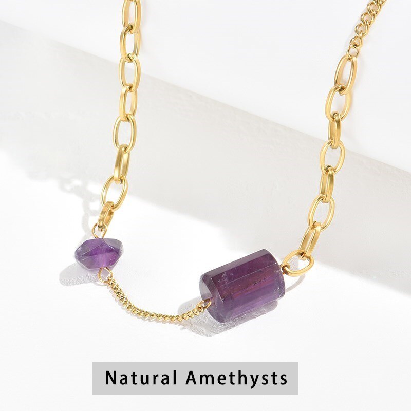 CHANGE BETTER Gold Color Stainless Steel Necklace Women Trendy Natural Stone Tiger Eye Amethyst Charm Chain Choker Jewelry Gifts