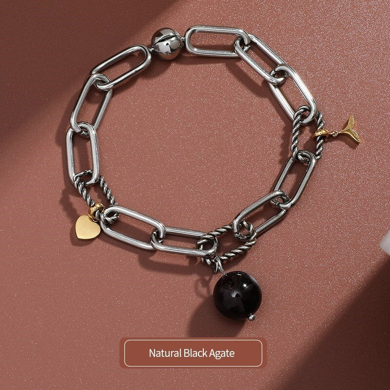 CHANGE BETTER Natural Orange Moonstone Bead Pendant Cable Chain Bracelets Women Stainless Steel Charm Wristband Chain Jewelry