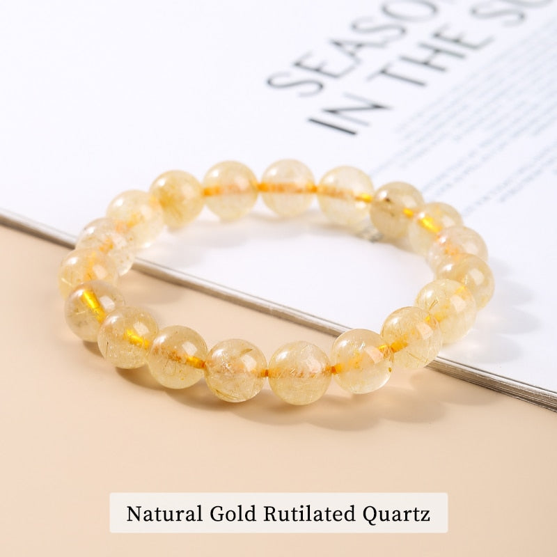 JD Natural Ice Gold Color Rutilated Quartz Bead Bracelet Women Fashion Reiki Healing Crystal Clear Bead Strand Bangles Gifts